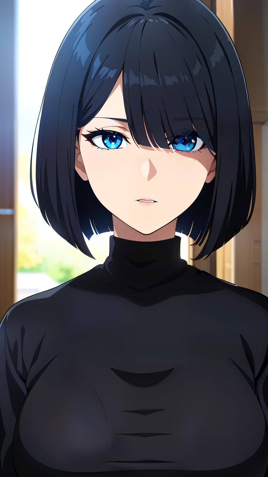 (best quality:1.5, highres, UHD, 4K, detailed eyes, detailed lighting, detailed hair, shaders), black hair, bob cut, hair covering one eye, cool woman, cool girl, sharp eyes, blue eyes, beautiful, large breasts, casual clothes