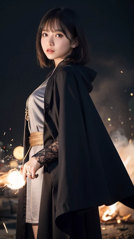 (Skin dents:1.5), Realistic, Realistic, (masterpiece:1.5), Concept Art, Intricate details, Very detailed, Realistic, Octane Rendering, 8k, Unreal Engine, Dynamic pose, highest quality, High resolution, (Realistic Face:1.1), (超Realisticな:1.1), ((full_body)), Perfect Eyes,(Shiny skin:1.2), (((Hairstyle))), (((Perfect hands))), (Very detailed背景), ((Dynamic Background)), ((Lightning)), (Light), ((One Girl)), wear a cape, (((Flowing Cape))), ((fine grain, High quality eyes, High quality face)), (Very complicated robe, magical robes), short hair, casting Lightning, electricity, Swirling Fire, Radiation Force, spark, cigarette, magic, ((dramatic)), wonderful, battlefield, Written boundary depth, Bokeh, 4K, Gothic, human, particle