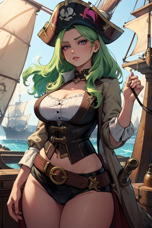 A light green haired woman with pink eyes and an hourglass figure in a pirate's outfit is watching shooting stars on a pirate ship