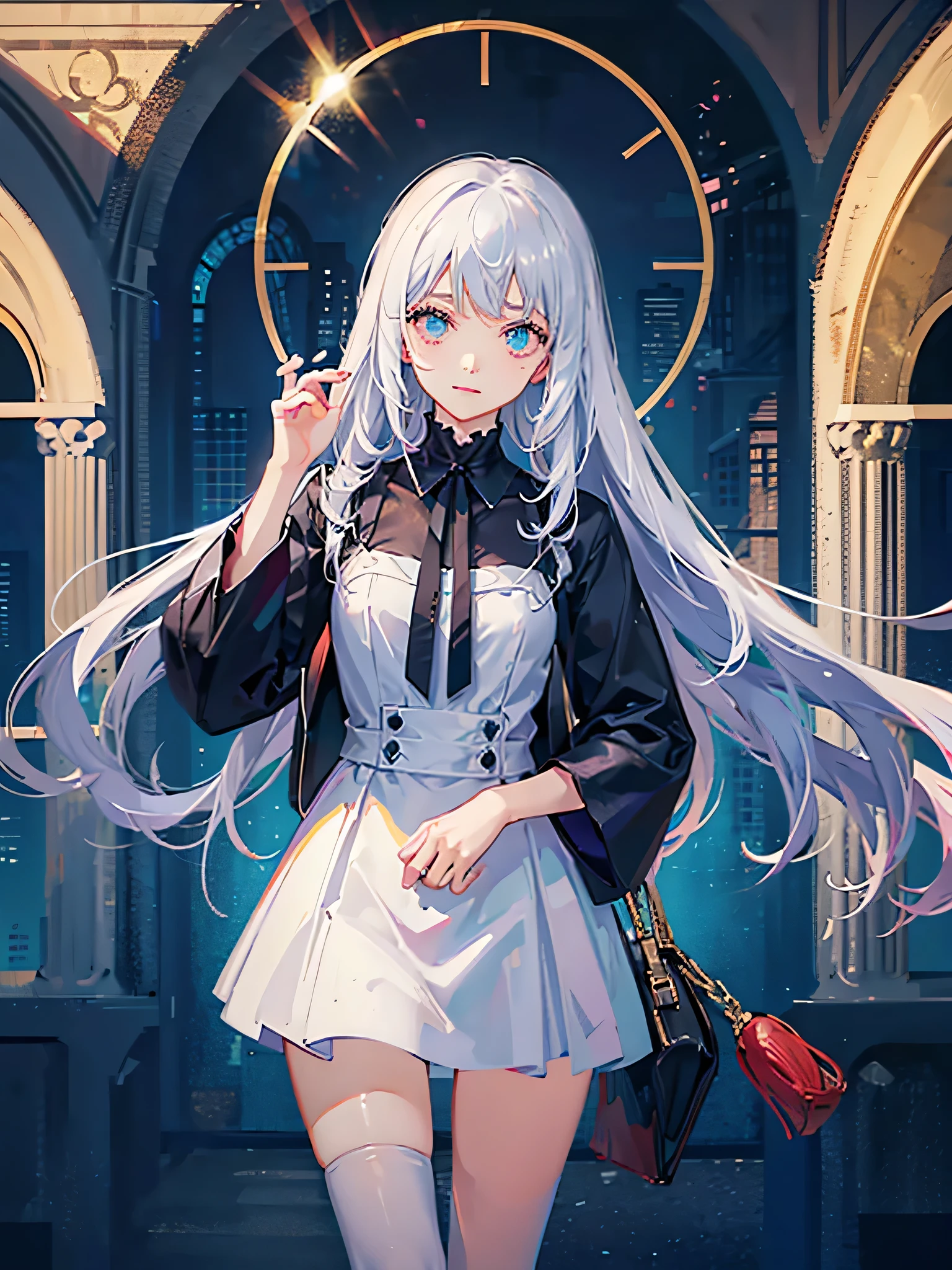 Hairstyle【Long】hair color【White】・Height【150cm】Eye color【black】・Vocaloid style・Wearing black tights・Excellent・High resolution image・High quality・Definite skin・Top quality・Super detailed・Smirking・Image that looks like it could be in a BGM thumbnail・Cool・Background is a futuristic city・Electrical feel