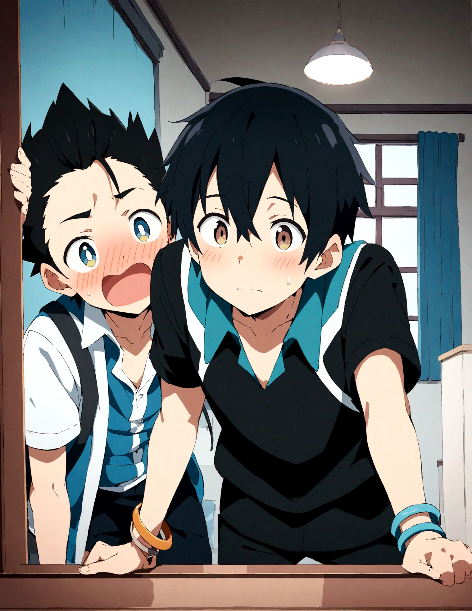 Two Chinese boys around ,Normal body shape is slightly thin,He wears light blue short sleeves,Light blue shorts,Brown sandals,Very urgent to urinate,Knocking on the toilet door,But they were incontinent,The urine soaked the shorts and ran down the legs and fell to the floor,They all cried。