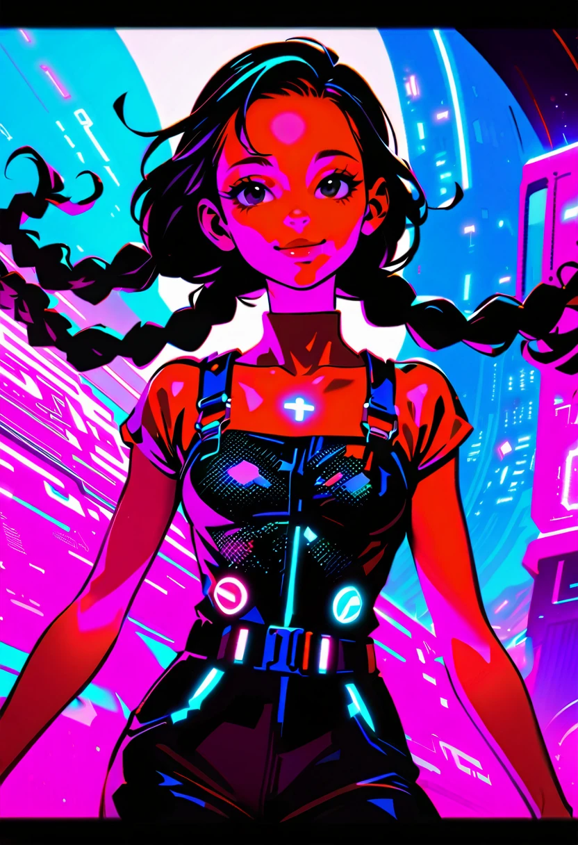 ((Picture in cyber punk style, create two characters), (futuristic , space station, space)))_((In the center of the composition there are two characters, close-up, a boy and a girl - full growth), (a girl in a stylish overalls, a slender figure, dynamic pose), (her clothes look very stylish, futuristic, a lot of details, latex material, textured fabric elements, colors, pink, blue, white), (her image embodies beauty and sympathy, her face radiates happiness, expressive eyes, smile), (her hairstyle, two long braids, hair dyed blue, pink - neon highlights))_((Her partner, a futuristic boy from the future, is dressed in all black, his preference in clothing, dark gothic style, combined with space jumpsuit, sporty stylish), (shoulder-length hair, handsome, black eyes, slender, young, strong body))_((Background, space station, space, technological elements, shine of stars))_((High image quality, stylish picture in cyber punk style, futuristic future, masterpiece), (animation cinematography, stylized realism, Japanese anime, blade runner, apple seed, animatrix), (FULL HD, 18K).