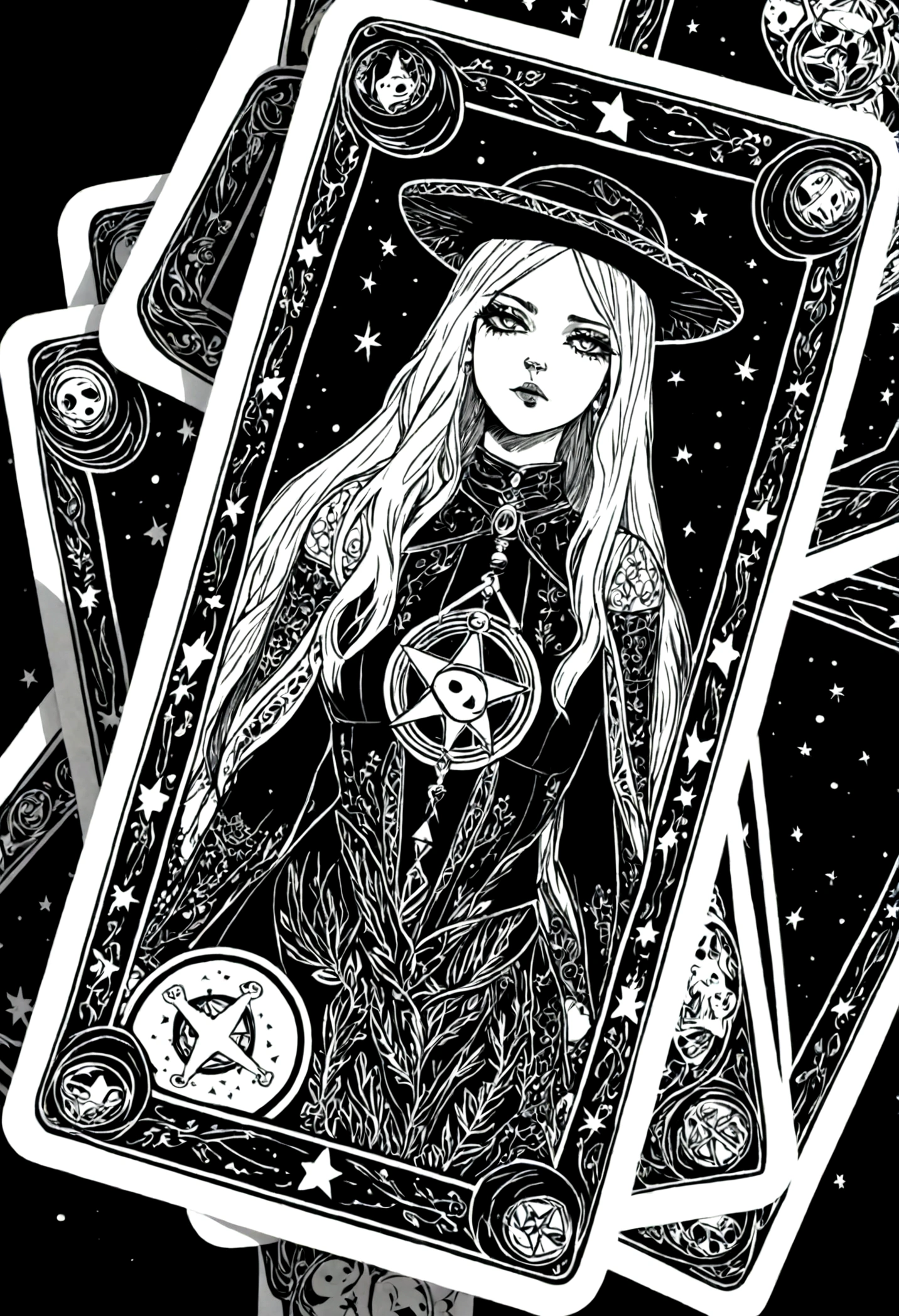 Illustration of beautiful young witch playing tarot for a sticker on a black background, em estilo de contorno em negrito, bordas irregulares, trashcore, Sombreamento claro