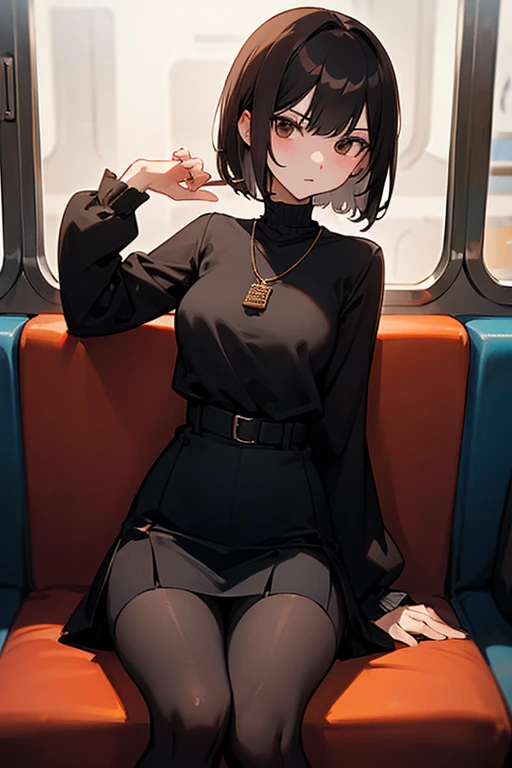 Brown short bob、Black high neck waffle knit top、Flared sleeves、Tight Skirt、Black Stockings、necklace、sitting in a train seat、tits、slender、