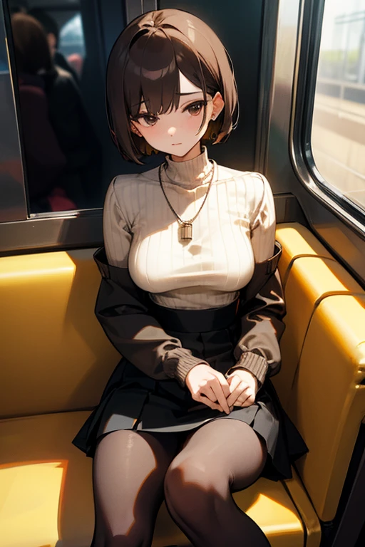 Brown short bob、Black high neck waffle knit top、Flared sleeves、Tight Skirt、Black Stockings、necklace、sitting in a train seat、tits、slender、