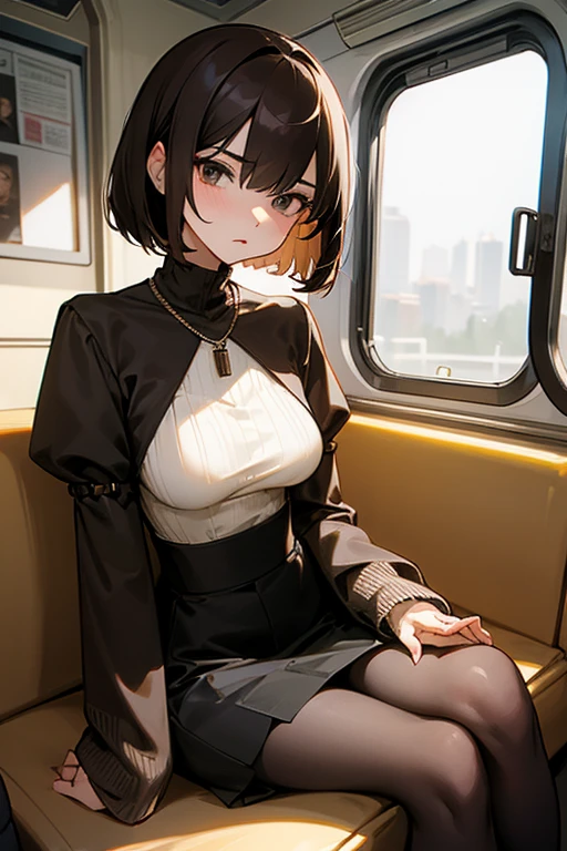 Brown short bob、Black high neck waffle knit top、Flared sleeves、Tight Skirt、Black Stockings、necklace、sitting in a train seat、tits、slender、