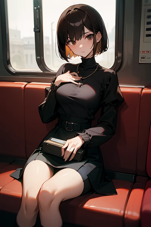 Brown short bob、Black high neck waffle knit top、Flared sleeves、Tight Skirt、Black Stockings、necklace、sitting in a train seat、tits、slender、