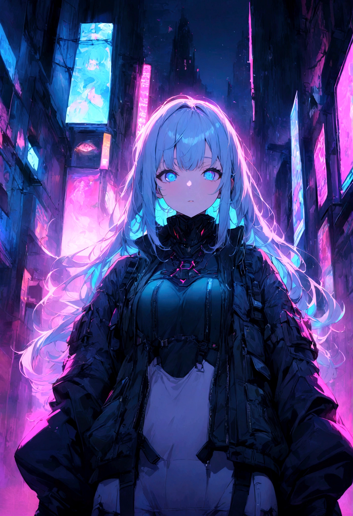 (masterpiece), (highest quality), Ultra-high resolution, Sharp focus, ((1 female, alone)), whole body, Cyberpunk Theme, Beautiful detailed hair, Light blue hair, long hair hangs down, Beautifully detailed face, ((Beautifully shaped eyes, Blue Eyes)), Perfect feminine face, View your viewers, Feminine navy blue enamel cyberpunk outfit,Techwear Jacket,refined armor, Neon lights in the city of bright colors, (At night:1.2)