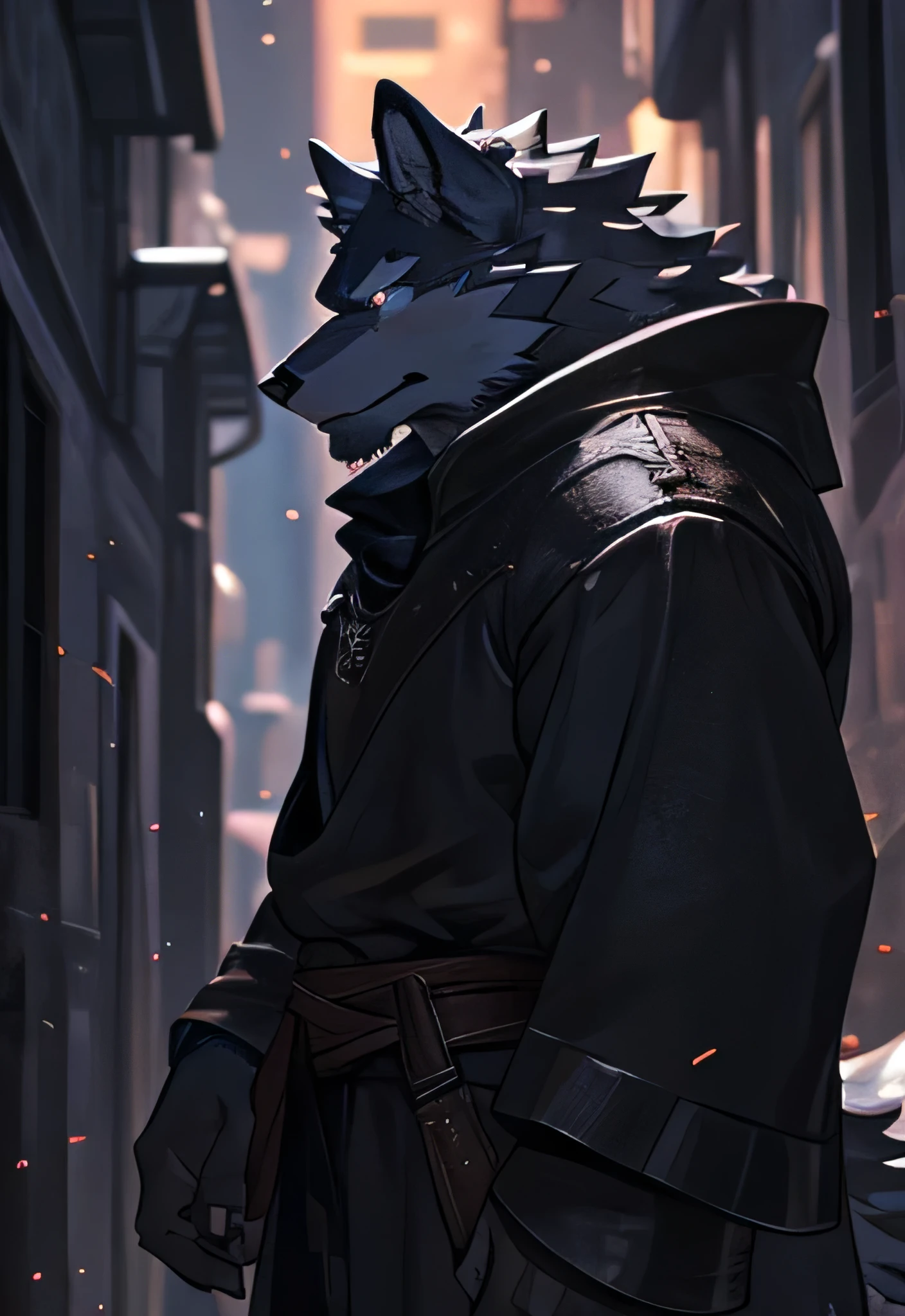 Solo, Kemono, (Wolf, Anthro, Male, (Black Body)), Fur, Tail, Muscles, Gray Eyes, Handsome Black Trenchcoat, Medieval, Fantasy, Street Alley, Outside, Outdoor, Dark, Dim, Night, Alley, Staring, Epic, Depth of Field, Perfect Lighting, (Light Particles), (Best Quality), (Masterpiece), (Ultra Detailed), Sharp Focus, Light particles, (Half Body Picture), Close Up Angle (Detailed Face Features)