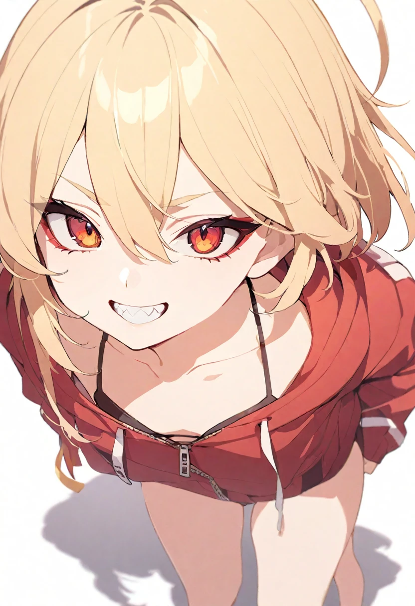 (masterpiece), (best quality), perfect face, beautiful girl, white background background, delicate and beautiful face and eyes, dark intense shadow,
1 girl, vtuber style, cool girl, blond middle hair, blond straight hair, small ahoge, amber eyes, sharp eyes, sharp gaze, hair between eyes, yaeba, Yae Teeth, bikini, red jacket, unzipped jacket, small chest, cropped shoulders, clavicle, smile, bare feet, chest visible through clothes, (full body), looking at viewer, standing, white background,