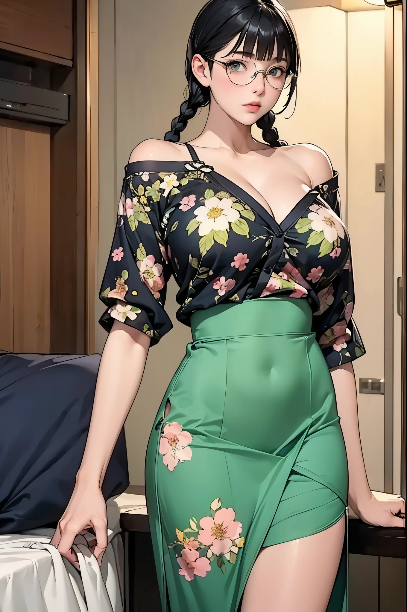 perfect eyes:1.2, detailed eyes:1.4, miyoshi, short hair, twin braids:1, black hair, green eyes, glasses, metal frame glasses, blunt bangs, fringe, indoors, large breasts, narrow waist, long skirt, floral print, cleavage, shirt, off shoulder, beautiful body, medium full shot, thigh-level shot, 1girl,(masterpiece:1.6, best quality),