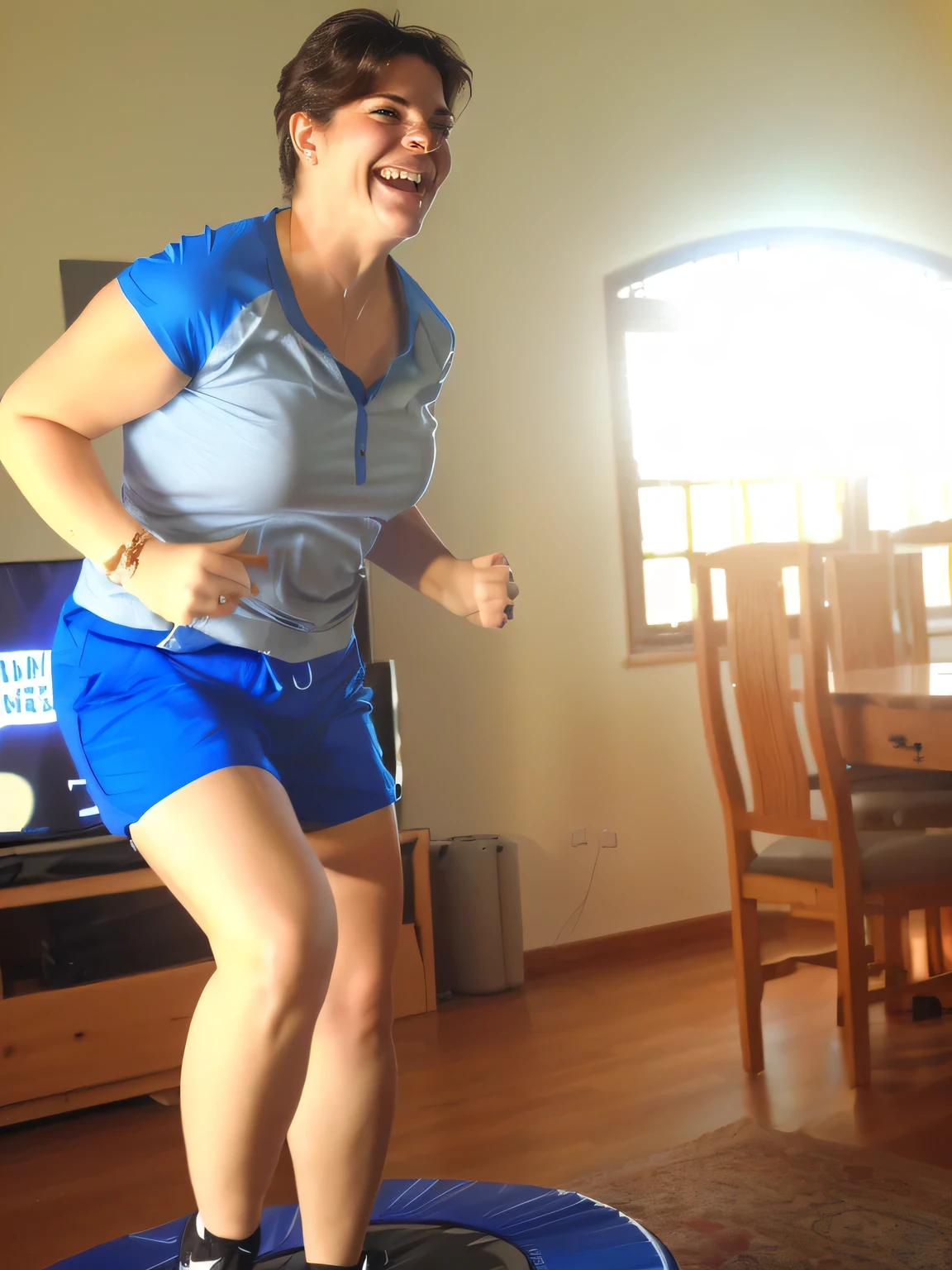 Woman in blue shorts playing video games on a blue trampoline, working out, jumping for joy, she expressing joy, attacking the camera: 4, running towards the camera, jumping, bouncing, in an action pose, fit, very excited, she is dancing, smiling and dancing
The woman is wearing tight blue short shorts and a gray tank top with a blue collar.
A beautiful Brazilian woman, with white skin, dark brown hair. She is around 40 years old, 165 cm tall and weighs 56 kg. Her body exudes glamor and her face is a definition of beauty. Slender body, thin waist. Highly realistic, hyperrealism, very elaborate skin. Clear photo, high resolution, high quality, masterpiece, 16K photo, high contrast, masterpiece, NUDE, NUDITY, NFSW.