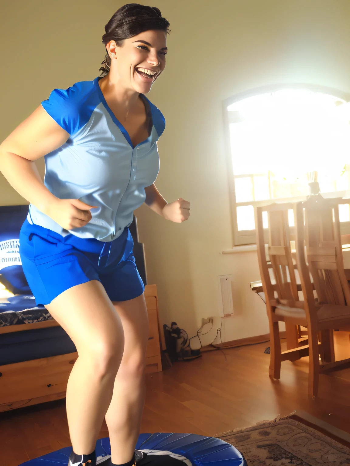 A woman is in the living room, in front of a beige sofa, posing for the camera, hands on her hips. She is wearing a mixed gray top and very short black shorts. Beautiful woman, extremely sexy, very sensual. (ultra quality masterpiece) with toned body, 35 years old, 1.62 tall, 60 kg, best quality, perfect face, perfect mouth, perfect hands, (((black hair))), is standing, ( full body) wearing a tank top, very short black shorts (((short black shorts)))), dark brown hair, short black shorts for gym training, well defined. Tanned body, sexy pose, shapely and well-defined legs, high contrast, Ultra HD, 16K. Photorealistic, detailed and realistic hands, 5 fingers per hand, dark hair, full body photo, clear and high quality photo. Masterpiece: 1.3, high resolution, (photographically realistic), 8k, NUDE, NUDITY, NFSW.
