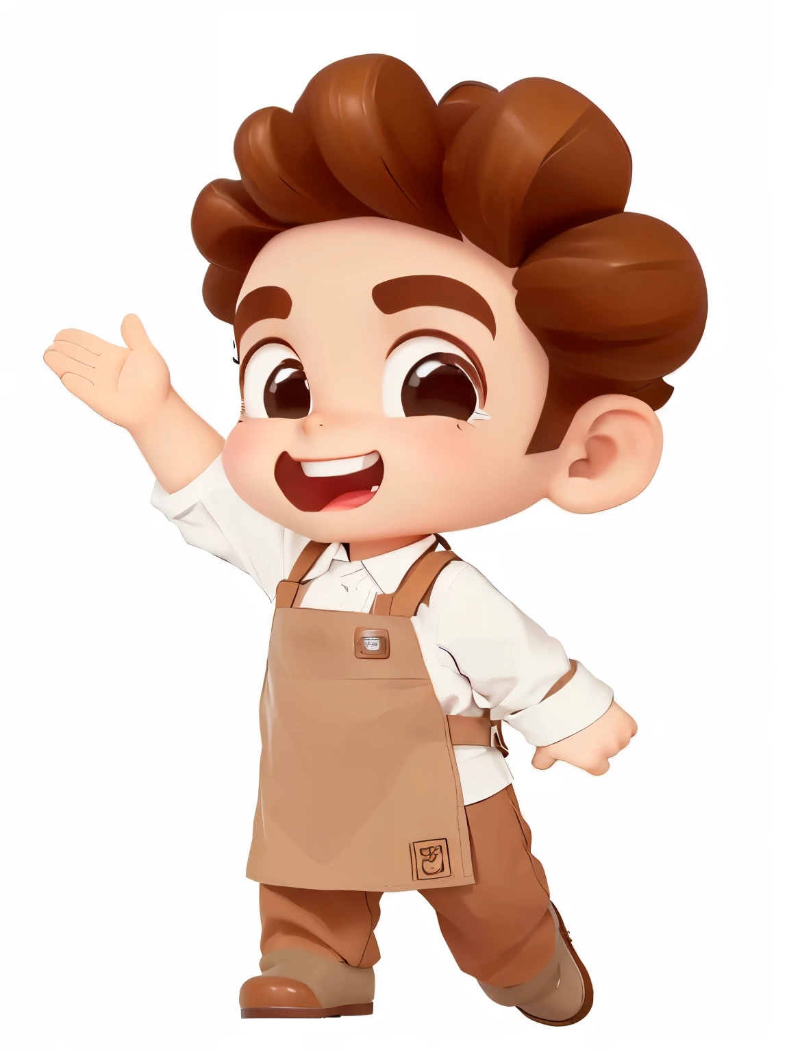 A cartoon boy wearing a brown apron and brown shoes waving,little boy,waiter,coffee maker,Hands on hips,The other hand spreads,Delicate skin,HD,leather shoes,leather shoes加阴影,Super Detail,手指Super Detail,Clothing details,Detail eyes,Details mouth,lol,Super cute clothes,canvas shoes,