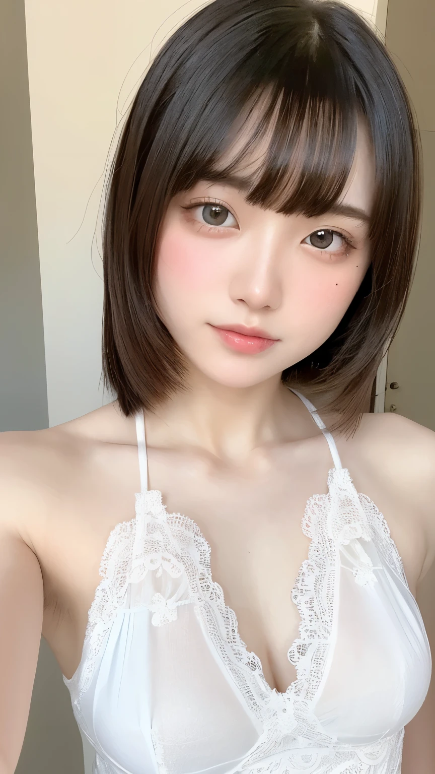 see through，Beautiful and fair、Radiant Skin, 3 Up, Gorgeous, bright, Refreshing and gentle expression, Perfect beautiful face、Beautiful shiny bangs, A very beautiful 17 year old girl, Eyeliner, Very perfect eyes，Very large breasts，Grooves reveal original skin，Muscular body，White lace suspenders