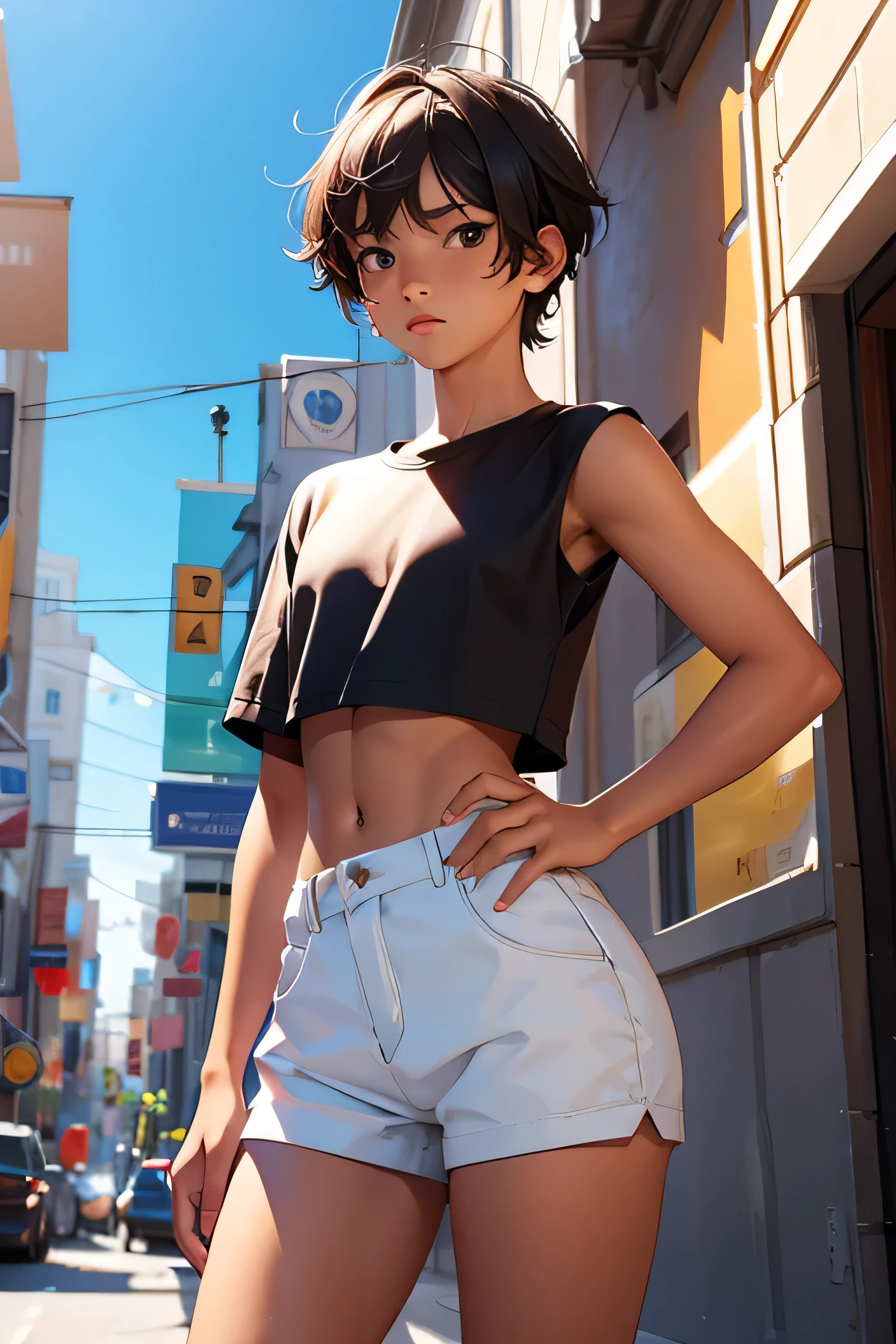 Teenage boy 15 years old, the boy is wearing a cropped shirt and too very much short mini shorts, the boy's legs are long and beautiful, his legs are very tanned, hot summer, top quality
