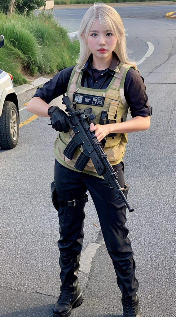 real person, wears school uniform, white polo, navy blue slocks, black shoes, with police bulletproof vest with ammunition, pistol pouch in legs holding an sr16 rifle,