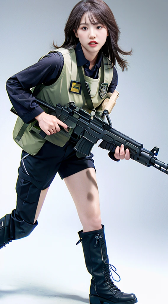 Photorealistic, high resolution, 64k,Extremely, 1womanl, Solo, combat action, view the viewer, (Detailed face), White hair,sexy black SWAT vests, automatic rifle Gun, jewelry,detailed boots, detailed fingers, perfect details anatomy, Full body shot, 