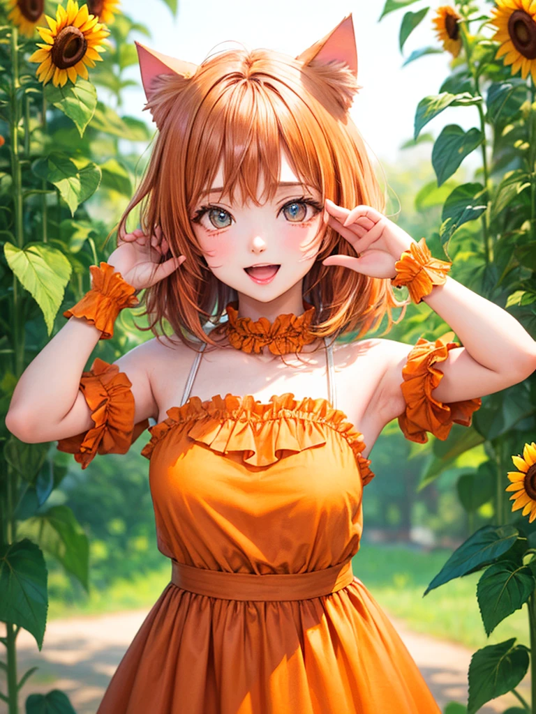 (​master piece),(top-quality:1.2),(perfect anatomy),1 girl, (Cat ear:1.3),exquisitedetails,Vibrant colors, Soft tones, With warm and gentle lighting,(orange color clothes, Beautiful frills:1.2),beautiful detailed eyes,orange color hair,small breasts,(sideways glance),open mouth,smile,armpits,waving,Victory pose,The atmosphere is full of happiness and laughter,Combination of digital illustration and photography,soft pastel tones,Create an ethereal atmosphere like a dream,Depth of written boundary, Bokeh,film lighting,Standing in a park full of sunflowers