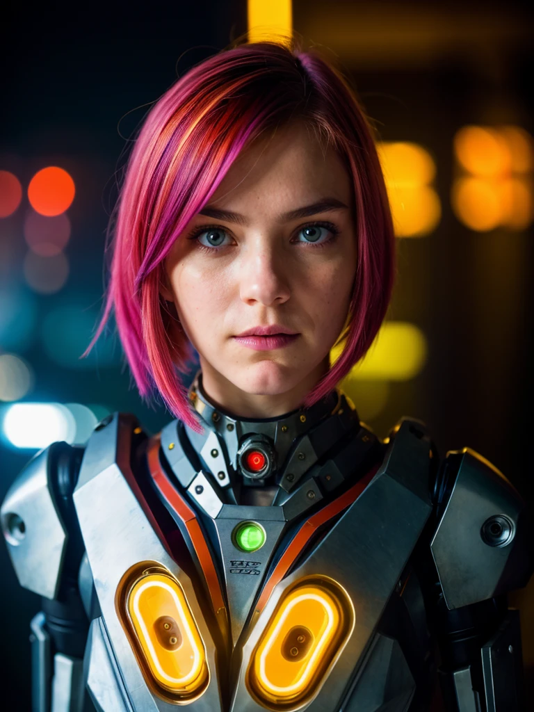 (best quality, masterpiece, highest detailed), (photorealistic:1.2), raw photo, realistic portrait, cyberpunk style, cyborg portrait, robotic face, mechanical tubes, multi-colored hair, short haircut, robotic body, robotic tubes sticking out, metal body  , neon backlight, red blue neon, (vibrant color), (intricate details), exposure blend, bokeh, dim light, (hdr:1.4), high contrast, (muted colors, dim colors, soothing tones:1.3), low saturation  morbid