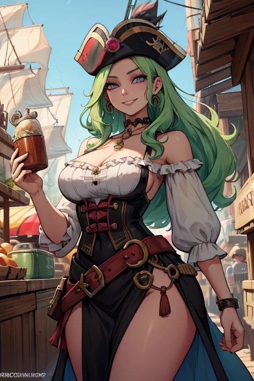 A light green haired woman with pink eyes and an hourglass figure in a pirate's outfit is smiling while shopping in the market of a pirate city 