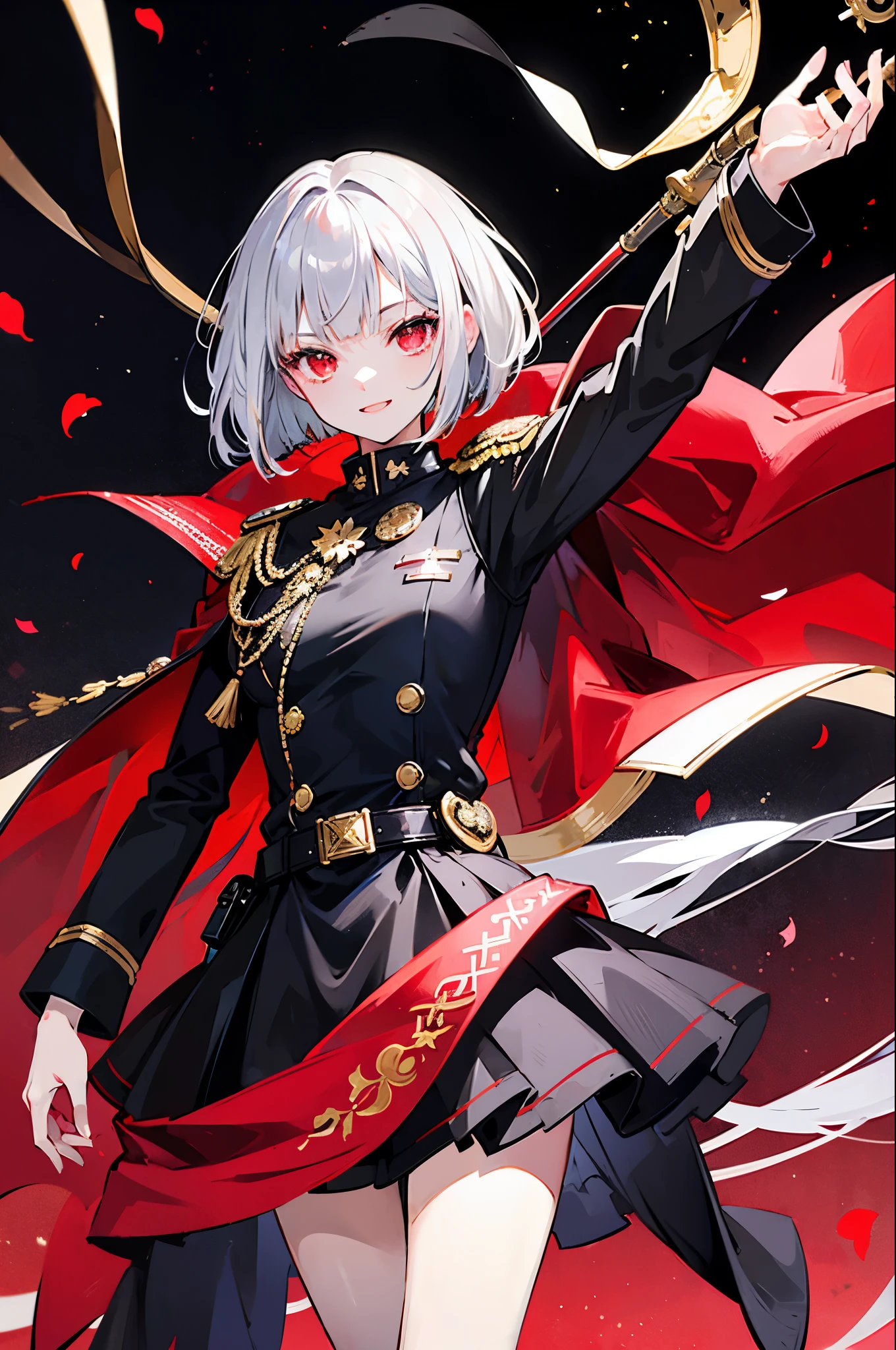 girl,silver hair,bob cut,red eyes,military suit,black jacket,jacket in Gold Design,night,belt,Rapier at waist,smile,red moon,Rose petals dance in the air,night sky,