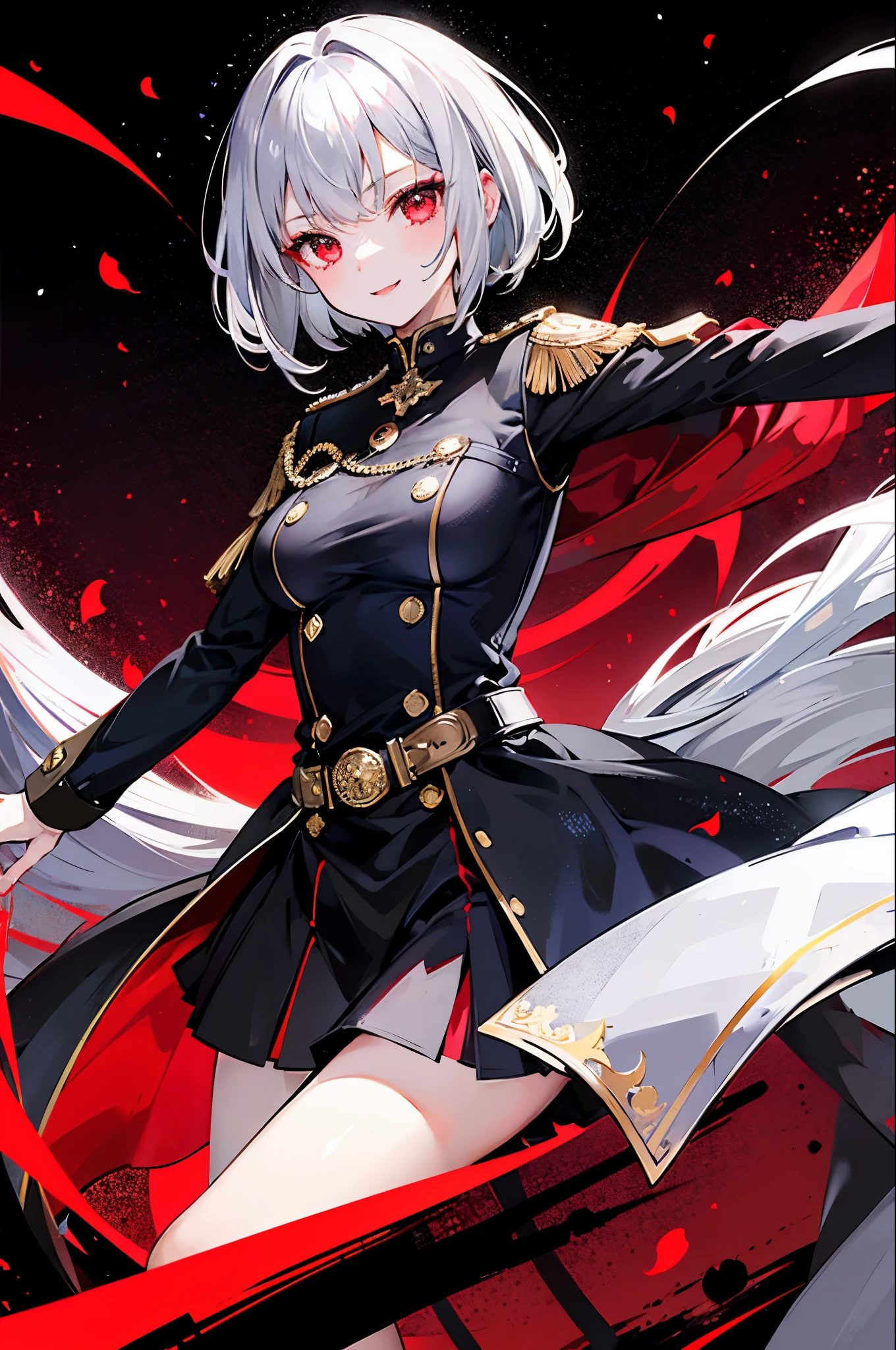 girl,silver hair,bob cut,red eyes,military suit,black jacket,jacket in Gold Design,night,belt,Rapier at waist,smile,red moon,Rose petals dance in the air,night sky,