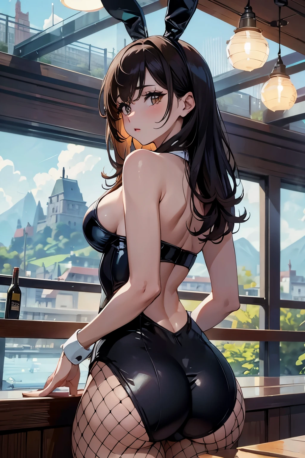 Bunny girl、Beautiful mature woman、Fishnet tights、Landscape、Upper Body、bar、Butt Emphasis、Butt crack