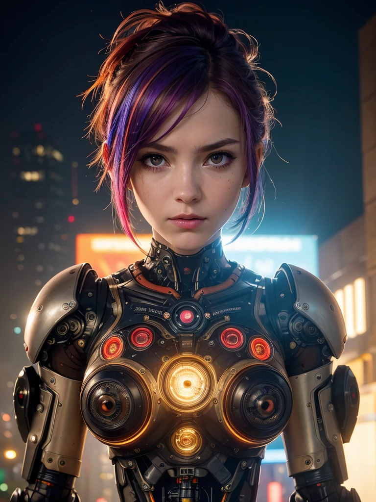 (best quality, masterpiece, highest detailed), (photorealistic:1.2), raw photo, realistic portrait, cyberpunk style, cyborg portrait, robotic face, mechanical tubes, multi-colored hair, short haircut, robotic body, robotic tubes sticking out, metal body  , neon backlight, red blue neon, (vibrant color), (intricate details), exposure blend, bokeh, dim light, (hdr:1.4), high contrast, (muted colors, dim colors, soothing tones:1.3), low saturation  morbid