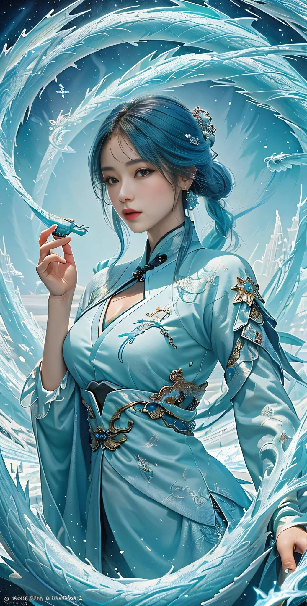 *8k Masterpiece, Top Quality, Best Quality, Official Art, (Beauty and Aesthetics: 1.3), Extremely Detailed, (Fractal Art: 1.3), Colorful, Ice and Chinese Dragon, Serpentine Body, Claw, Cyan and 1 Woman, Han Woman's Media, Hanfu, Cyan