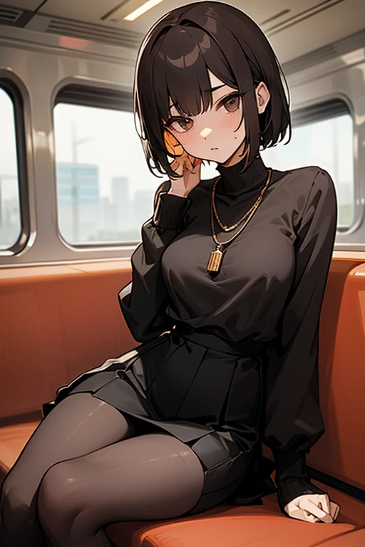 Brown short bob、Black high neck waffle knit top、Flared sleeves、Tight Skirt、Black Stockings、necklace、sitting in a train seat、tits、slender、