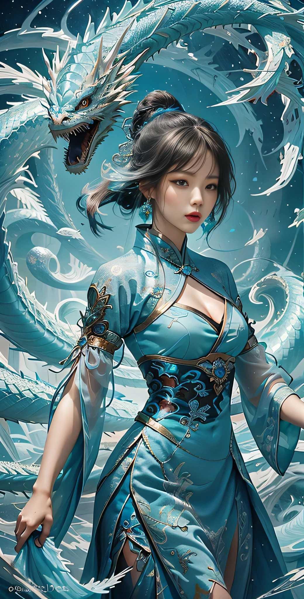 *8k Masterpiece, Top Quality, Best Quality, Official Art, (Beauty and Aesthetics: 1.3), Extremely Detailed, (Fractal Art: 1.3), Colorful, Ice and Chinese Dragon, Serpentine Body, Claw, Cyan and 1 Woman, Han Woman's Media, Hanfu, Cyan