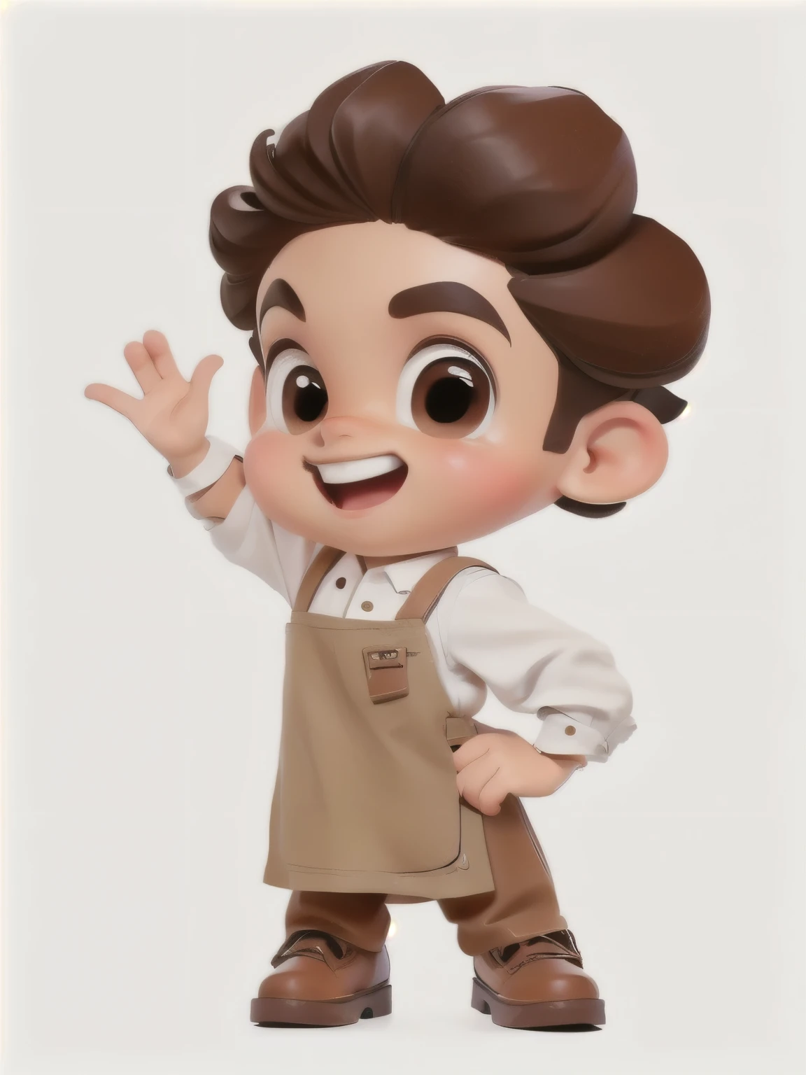 A cartoon boy wearing a brown apron and brown shoes waving, boy，waiter，coffee maker，Hands on hips，The other hand spreads，Delicate skin，HD，leather shoes，leather shoes加阴影，Super Detail，手指Super Detail，Clothing details，Detail eyes，Details mouth，lol，Super cute clothes，canvas shoes，