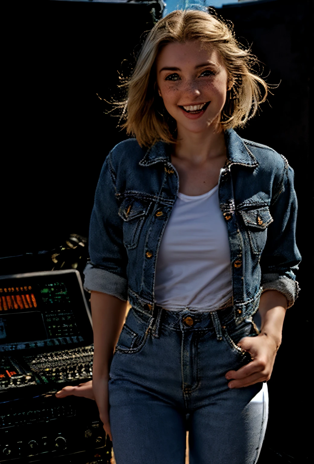 A 21-year-old girl named Kate with short blonde hair, very nice medium-sized breasts, and a height of 1.60 meters, has a white British style. Kate is beautiful, with an angelic face and light freckles around her nose. Kate is wearing light blue jeans with a light denim jacket and a plain white shirt underneath. Kate is wearing light-colored All Star sneakers. She is standing with a music recording studio in the background, equipped with a guitar, an electric guitar, a mixing console, and all the equipment typical of a recording studio. Kate is standing with a microphone near her mouth as if she is singing, posing for a photo for the marketing of her new song. Kate looks happy.
