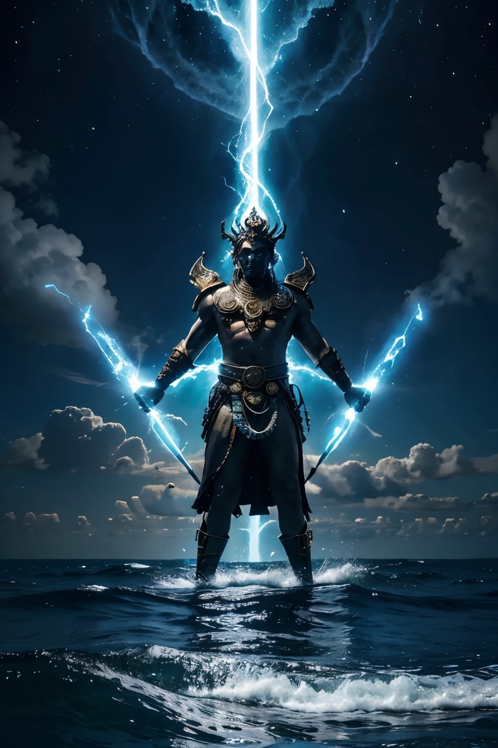 Create a stunning piece of AI-generated sea art featuring Lord Indra, the Lord of Heaven. Picture him standing majestically at the center of a tumultuous ocean. His regal figure should be adorned in traditional divine attire, complete with a golden crown and jewels that glisten like stars. Indra wields his powerful weapon, the Vajra (thunderbolt), which crackles with electric energy, illuminating the darkstormy sky. Surrounding him, the ocean waves should appear both awe-inspiring and formidable, as if they are bowing to his command. Above, the clouds part to reveal a radiant celestial light, symbolizing his divine authority and connection to the heavens. The entire scene should evoke a sense of grandeur, power, and mysticism, capturing the essence of Lord Indra's dominion over both the skies and the seas.