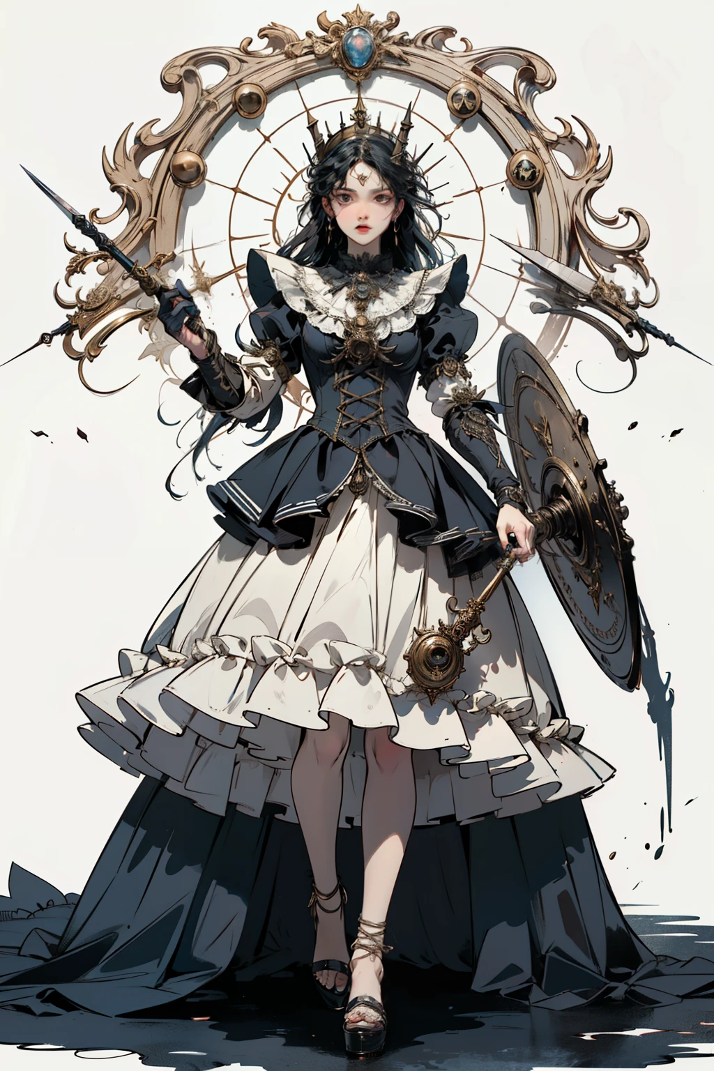 ((best quality)), ((masterpiece)), (detailed), perfect face ((best quality)), ((masterpiece)), (detailed), blank white background, plain background, white background, Bloodborne inspired, occult aesthetic, occult, detailed and intricate steampunk and detailed gothic, (zentangle, mandala, tangle, entangle), NSFW, torn clothing, Very dramatic and cinematic lighting, cosmic horror, grim-dark, side-lighting, perfect face, a beautiful goddess adorned and enshrined in armour, Bloodborne inspired , occult aesthetic , occult , detailed and intricate steampunk and detailed gothic , wielding a sword and holding a shield, NSFW, Fluttering lace flared short dress with frilly petticoats, knee length dress, pleated petticoats, lolita dress, petticoats gothic lolita, side-lighting, gothic lolita aesthetic, beautiful small breasts, small breasts, full body, whole body, body, plain background, white background, blank background, no background, white background NSFW, full body, whole body, head-to-toe