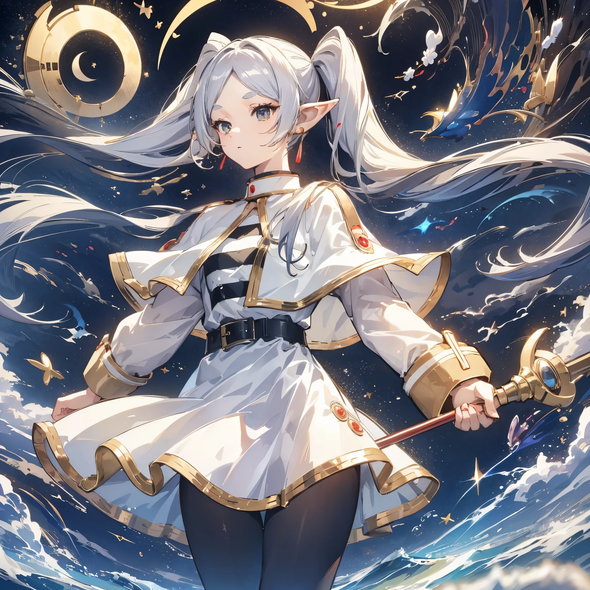 aafrie, long hair, white hair, twintails, pointy ears, earrings, thick eyebrows, white capelet, striped shirt, long sleeves, belt, white skirt, black pantyhose　high resolution　Holding a walking stick　magic circle　Beam from the wand　Streaks of Light　Shining Edge　Shining Background