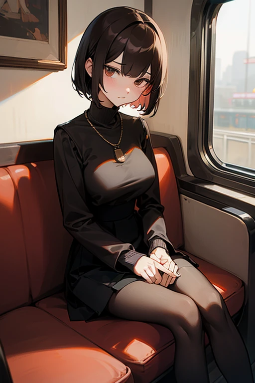 Brown short bob、Black high neck waffle knit top、Flared sleeves、Tight Skirt、Black Stockings、necklace、sitting in a train seat、tits、slender、