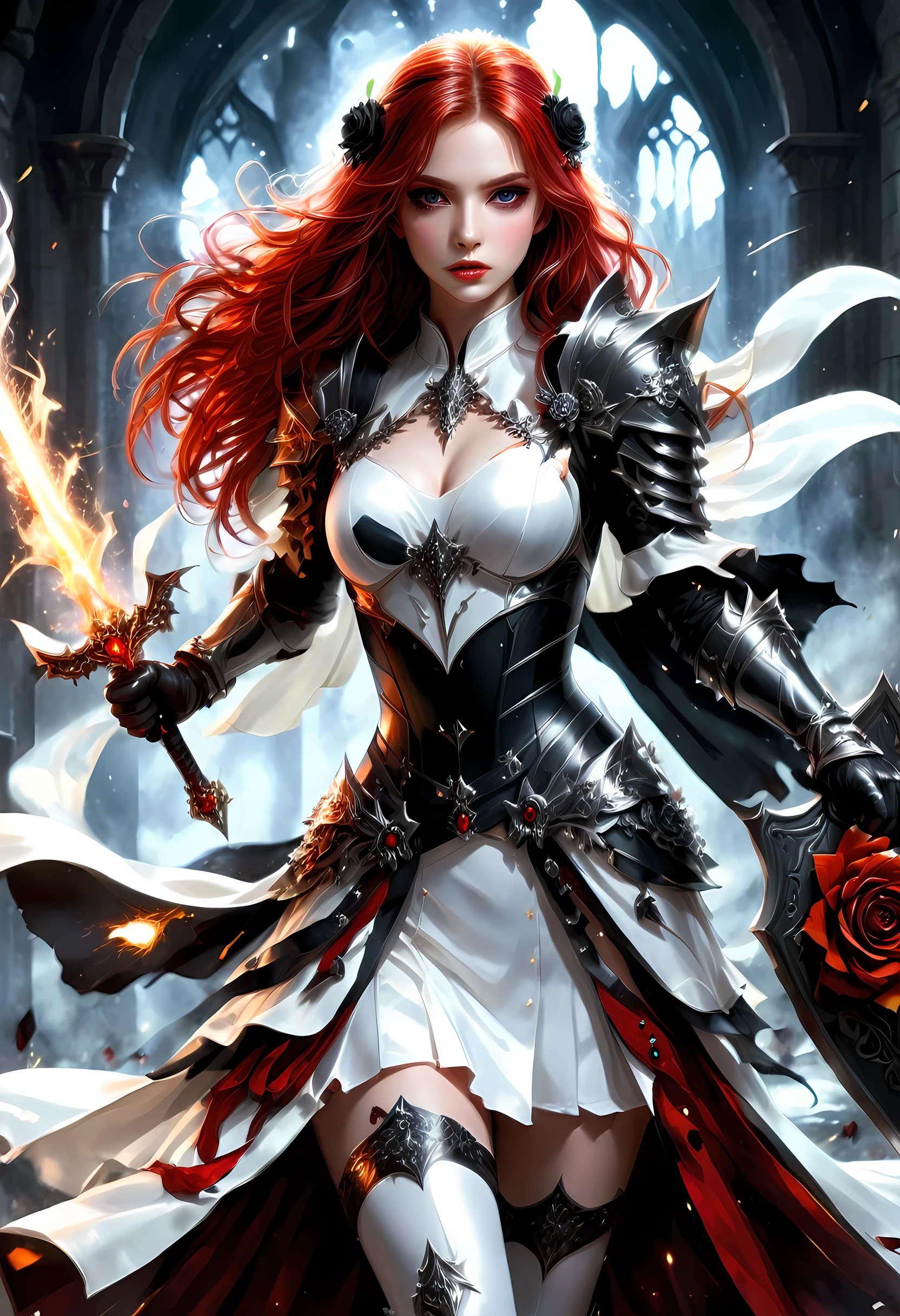 Arafed, action shot, Dark fantasy art, fantasy art, goth art, a picture of a female vampire, exquisite beauty, full body shot, dark glamour shot, pale white skin, red hair, long hair, wavy hair, dynamic eyes color eyes, glowing eyes, she wears a ((white: 1.3)) white tight suit, Armored Dress, she holds a sword in hand, (ready for battle: 1.4) , ((black roses: 1.5)) are imprinted on the suit, high heels, dark castle, dark, black and color, Dark Art Painting Style, flower dress, dark novel, flower dress