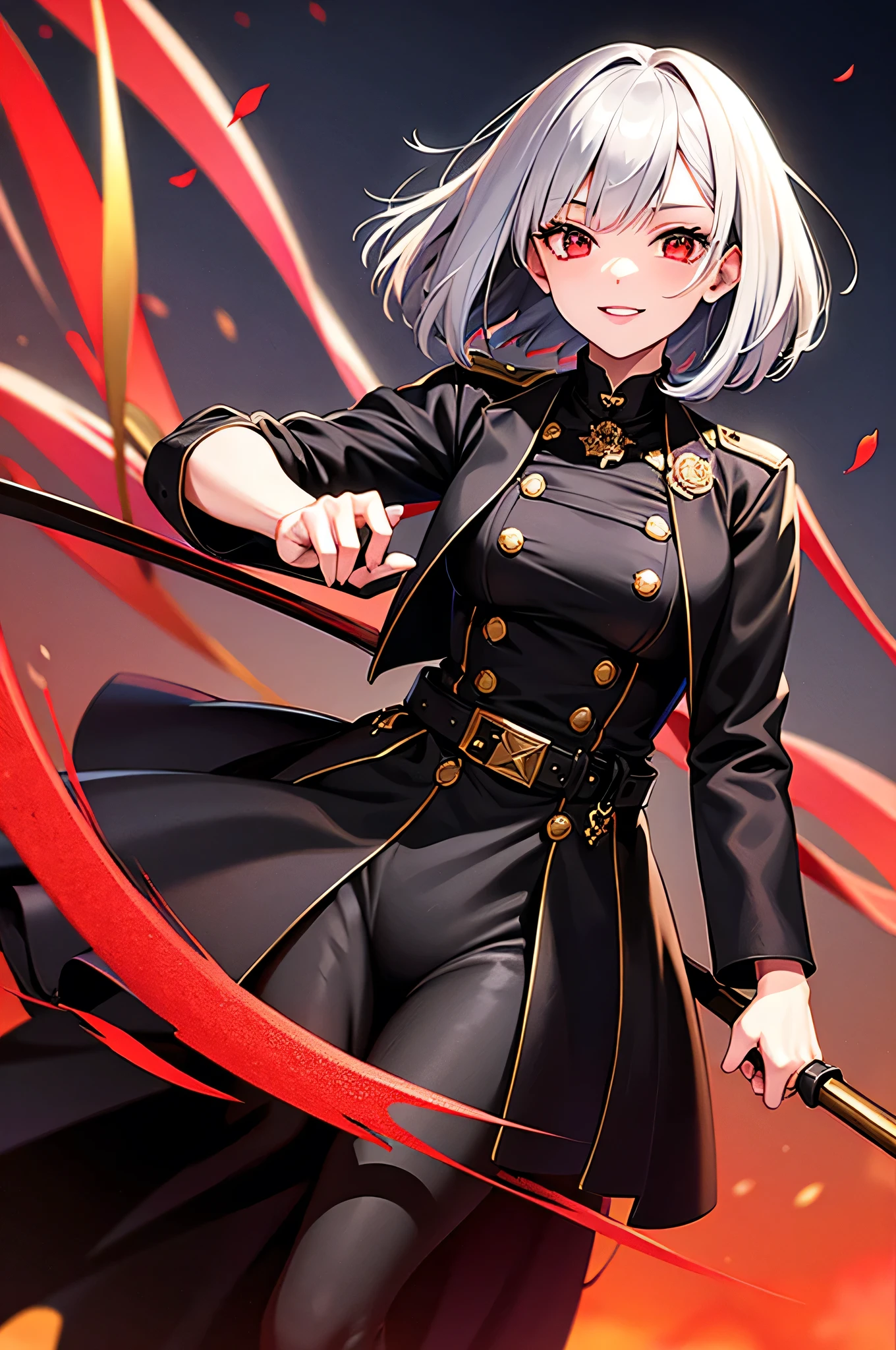 girl,silver hair,bob cut,red eyes,military suit,black jacket,jacket in Gold Design,night,belt,Rapier at waist,smile,red moon,Rose petals dance in the air,night sky,