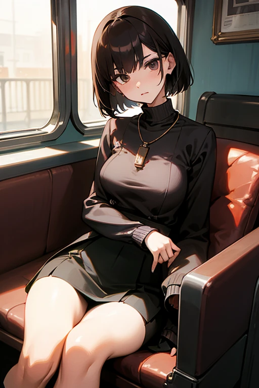 Brown short bob、Black high neck waffle knit top、Flared sleeves、Tight Skirt、Black Stockings、necklace、sitting in a train seat、tits、slender、