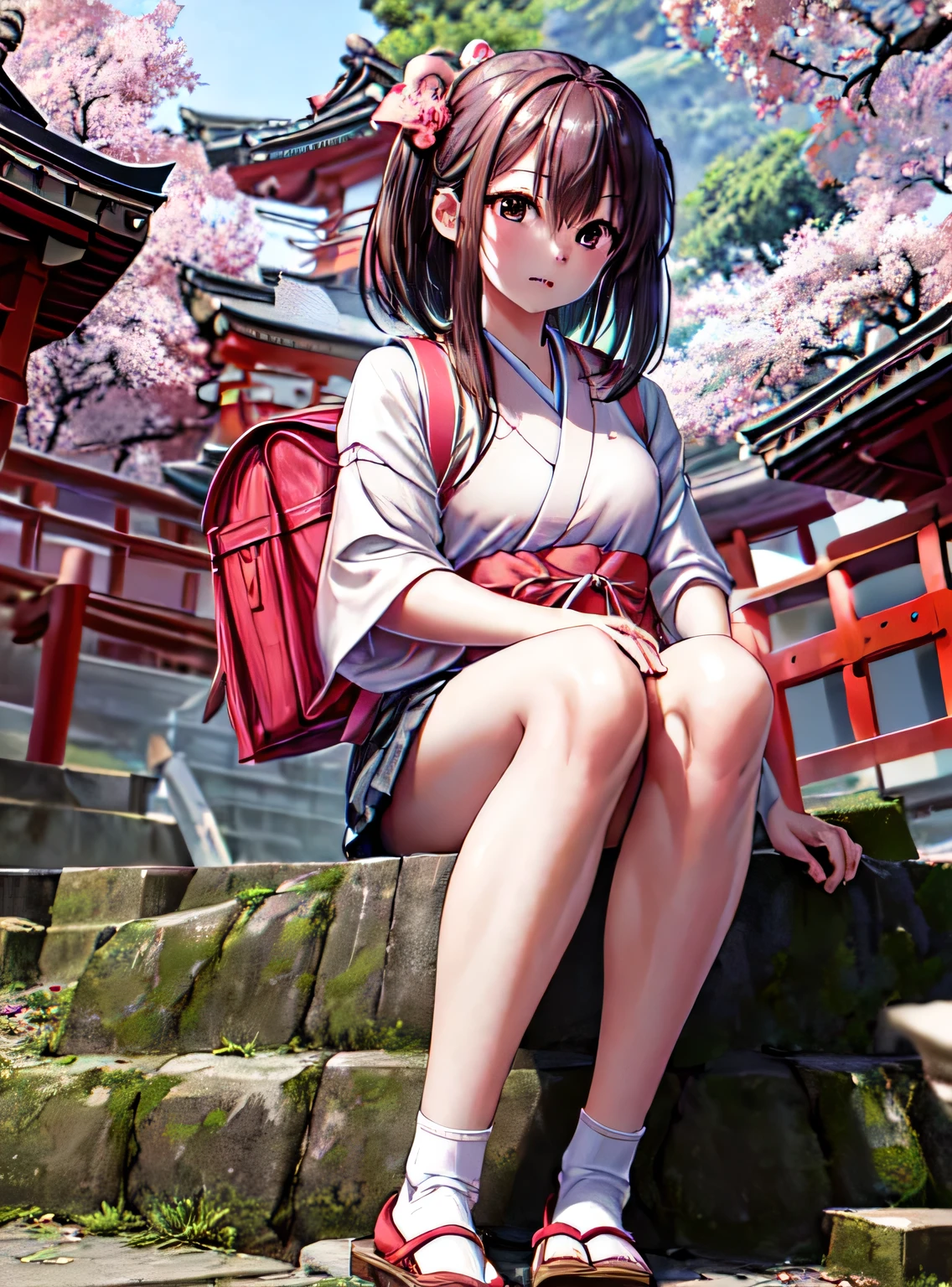 RAW Photos, Portraiture, highest quality, High resolution woman carrying a school bag backpack、Wearing a Japanese kimono at a summer festival at a shrine