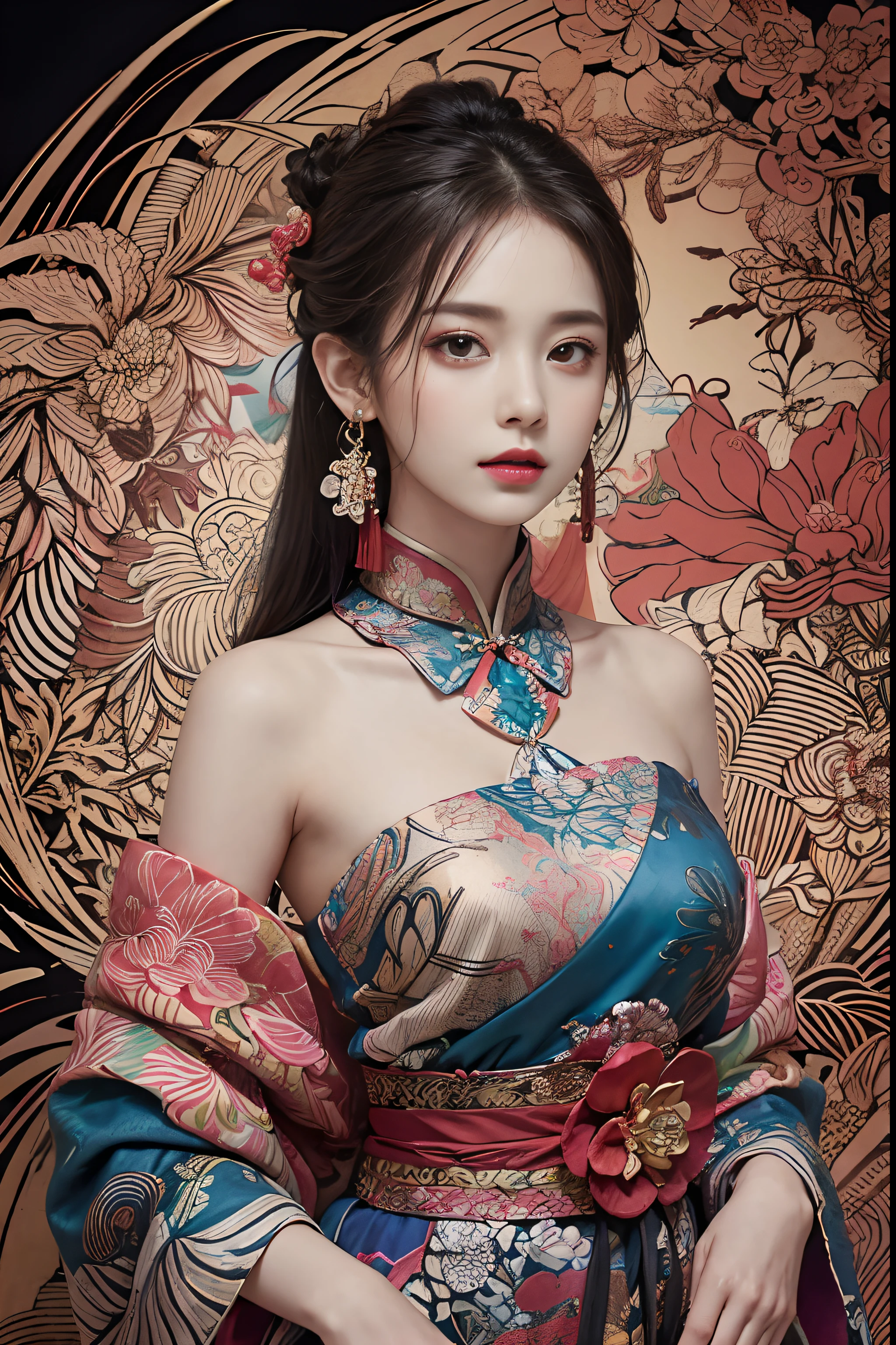 (chef-d&#39;artwork, superior quality, Best quality, art officiel, beautiful and aesthetic:1.2), (1fille:1.3), Extremely detailed,(Art fractal:1.1),(colored:1.1)(fleurs:1.3),the most detailed,(Zentangle:1.2), (pose dynamique), (fond abstrait:1.3), (tissu traditionnel chinois:1.2), (peau brillante), (plein de couleurs:1.4), ,(des boucles d&#39;oreilles:1.4),