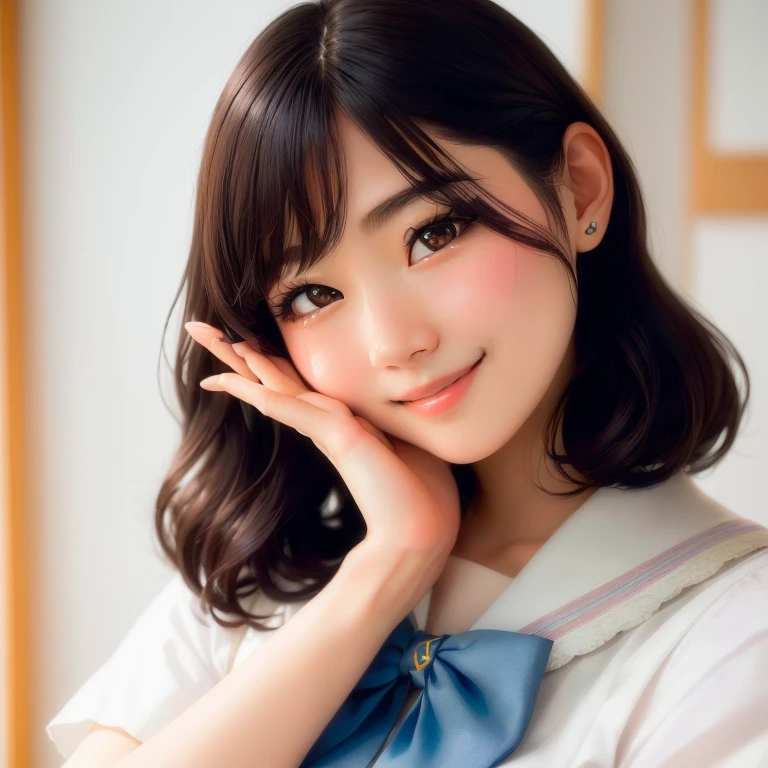 A woman in a blue bow tie poses for a photo, Another close-up of Iwakura, Girl, cute idol-like smile, beautiful face, With a cute - lovely - face, Beautiful Japanese girl face, iwakura lain, Cute natural anime face, shikamimi, Chiho, pretty girl, Cute realistic portrait, Gentle smile, Real young gravure idol