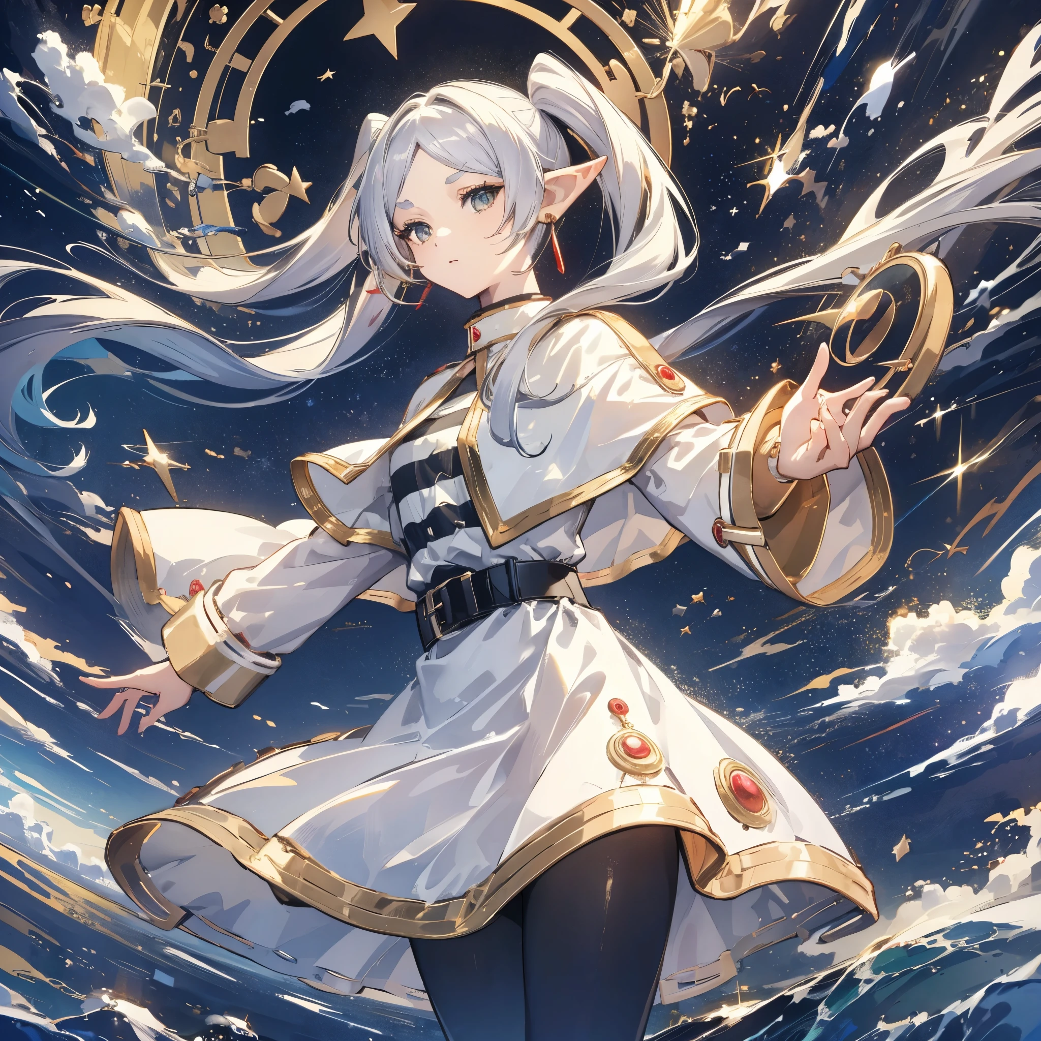 aafrie, long hair, white hair, twintails, pointy ears, earrings, thick eyebrows, white capelet, striped shirt, long sleeves, belt, white skirt, black pantyhose　high resolution　Holding a walking stick　magic circle　Beam from the wand　Streaks of Light　Shining Edge　Shining Background