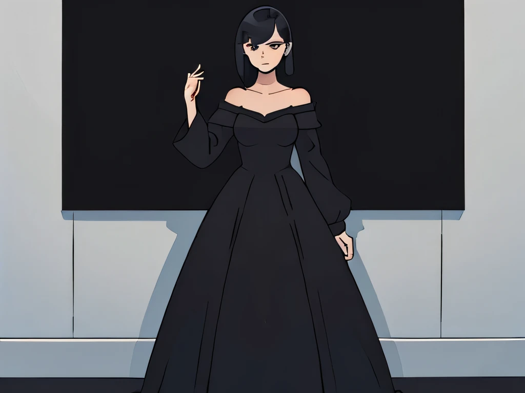 Detailed illustration of a tall woman, wearing a beautiful black dress, standing against the wall posing for a picture