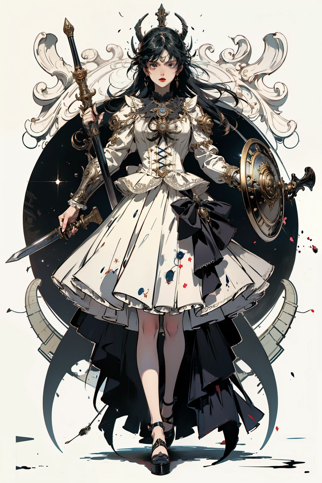 ((best quality)), ((masterpiece)), (detailed), perfect face ((best quality)), ((masterpiece)), (detailed), blank white background, plain background, white background, Bloodborne inspired,  occult aesthetic, occult, detailed and intricate steampunk and detailed gothic, (zentangle, mandala, tangle, entangle),  NSFW, torn clothing, Very dramatic and cinematic lighting, cosmic horror, grim-dark, side-lighting, perfect face, a beautiful goddess adorned and enshrined in armour, Bloodborne inspired , occult aesthetic , occult , detailed and intricate steampunk and detailed gothic , wielding a sword and holding a shield, NSFW, Fluttering lace flared short dress with frilly petticoats, knee length dress, pleated petticoats, lolita dress, petticoats gothic lolita, side-lighting, gothic lolita aesthetic, beautiful small breasts, small breasts, full body, whole body, body, plain background, white background, blank background, no background, white background NSFW, full body, whole body, head-to-toe
