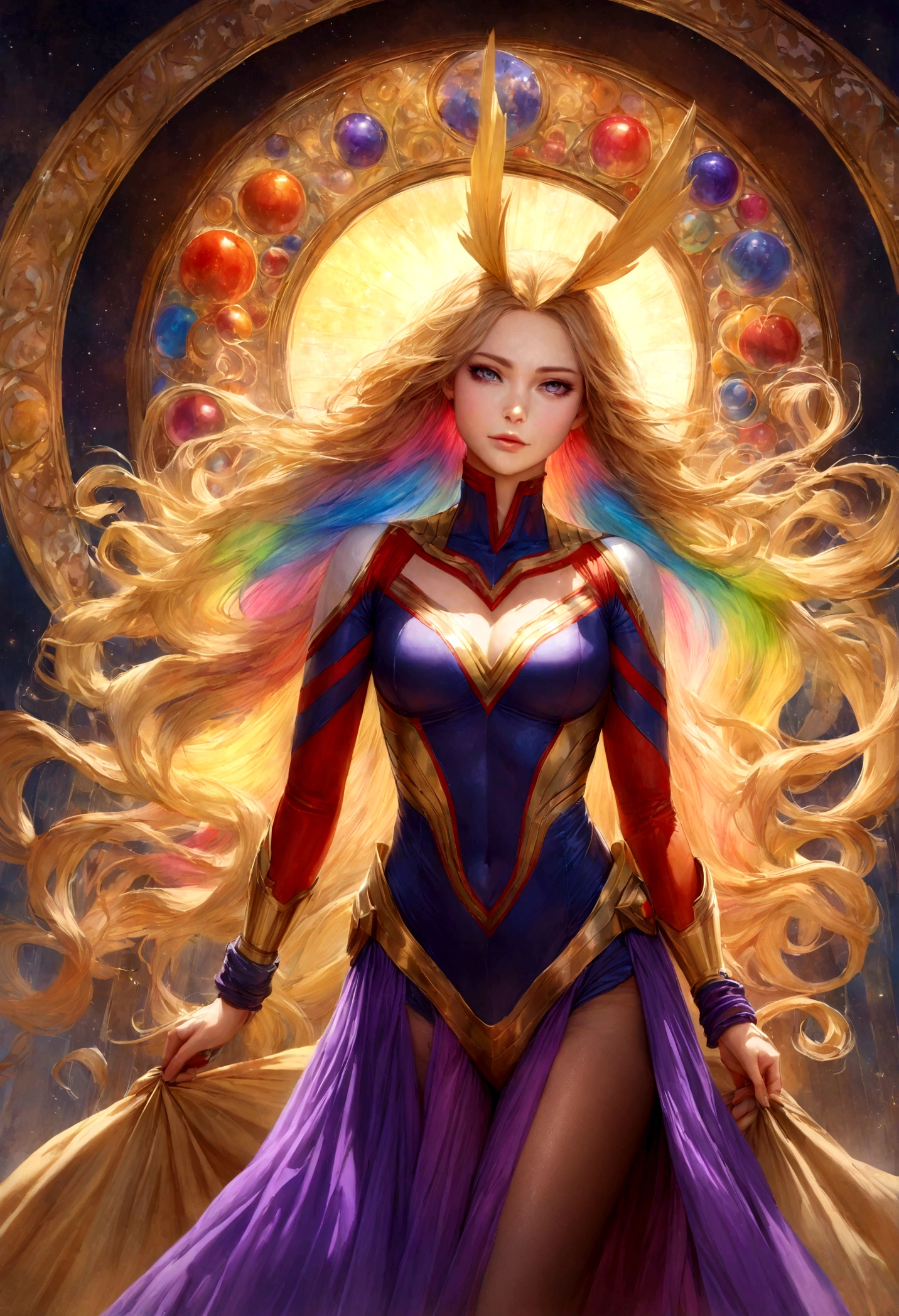 ((All Might, My Hero Academia), 1 person, alone, Hall々Standing, Surrounded by complex machinery, Wearing elegant clothing made from flowing fabrics, Confident expression, Captivating eyes, long flowing hair, Surrounded by floating objects and paraphernalia, Painted in vibrant colors, Magical atmosphere, Exquisite details showcasing her skill and craftsmanship, Capture her essence as a gifted and empowered individual. (highest quality, Super detailed, Realistic:1.37), Art Nouveau style, A warm and rich color palette, Soft and fantastic lighting, Rainbow-colored、Rainbow、Rainbow-coloredに輝く。