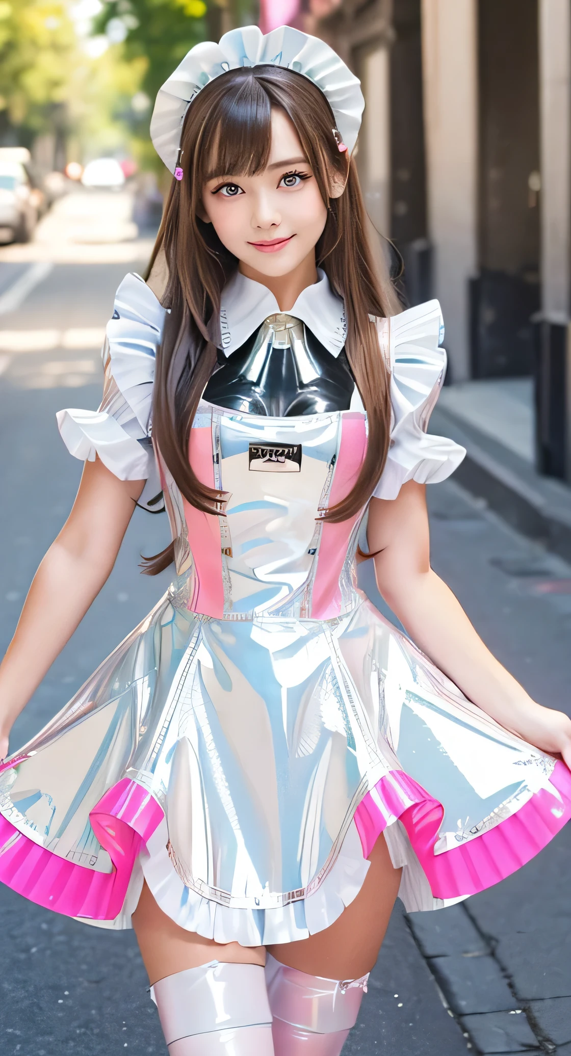 Angelic very beautiful cute young girl,
Beautiful detailed eyes, (5 yo:1.3),(clear-eyed:1.3),
Detailed double eyelids,
(Soft Saturation),
(Fair skin: 1.3),v-line jaw,
(Large eyes:1.4),
Long straight brown hair,
see-through bangs,
Sharp Focus,
beautiful detailed face and eyes,
drooping eyes,
small straight nose,
small mouth,
happy smiling with visible teeth, 85mm lens, F/8.0,BREAK (Super shiny white and metallic neon pink PVC maid costume :1.5),(realistic photograph:1.4),Walking,Brown hair ,(Costumes with strong reflective surfaces:1.3),(lift skirt:1.2),panty,
(Best Quality:1.2),(Maid costume:1.4),
Raw photo,
High resolution,
perfect detail,
Professional Photography,
Professional Lighting,
Powerful lighting of the costume,In the street