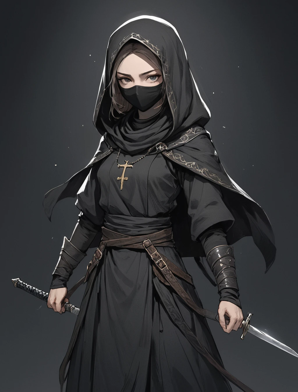 グroughィックノベルのイラストスタイル, whole body, Dark fantasy, sketch, rough, Professional AAA games (Character Concept:1.3), Blind Nun Warrior with Cloth Covering Her Eyes Focus, Holy Warrior, Double Sword, Intricate Design, Dark fantasy background, Rim Light